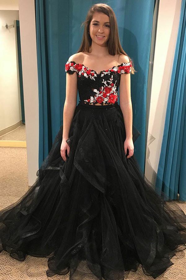 off shoulder appliques tulle two piece sleeveless black prom dress dtp595