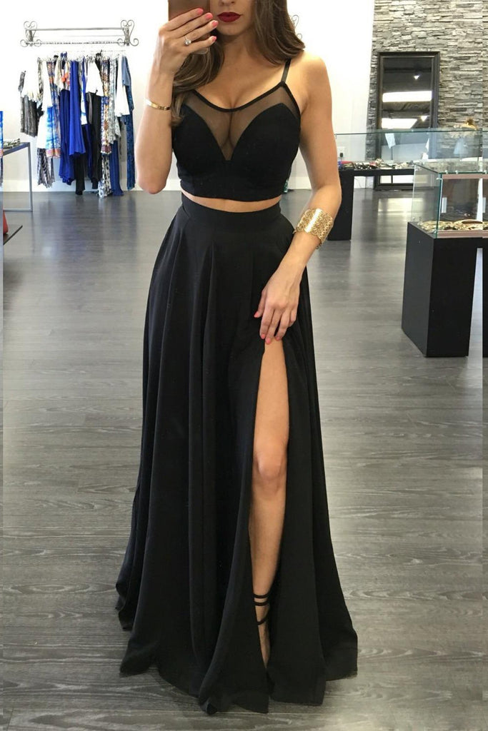 Black Two Piece Prom Dress A-line Spaghetti Straps Evening Dress With Split  DTP405 –