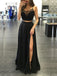 black two piece prom dress a-line spaghetti straps evening dress with split dtp405