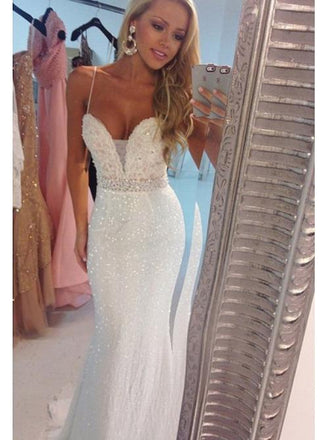 Bling Spaghetti Straps Long Mermaid/Trumpet Backless Prom Dress