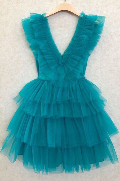 A-line V-neck Tulle Tired Homecoming Dresses, Sleeveless Short Prom Dresses