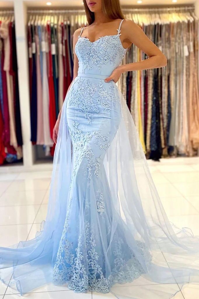 baby blue lace mermaid long prom dresses with overskirt train dtp05