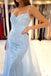 Baby Blue Lace Mermaid Long Prom Dresses With Overskirt Train