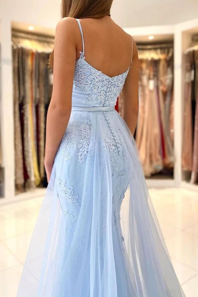 Baby Blue Lace Mermaid Long Prom Dresses With Overskirt Train