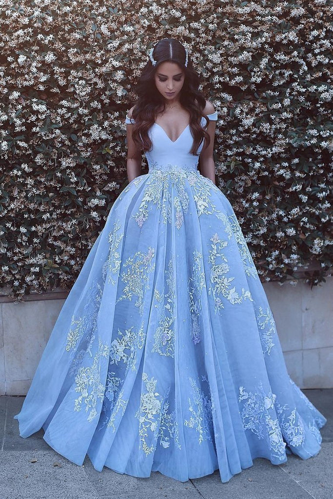 sky blue long prom dress off the shoulder ball gown with appliques dtp479
