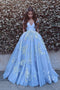 Sky Blue Long Prom Dress Off The Shoulder Ball Gown With Appliques