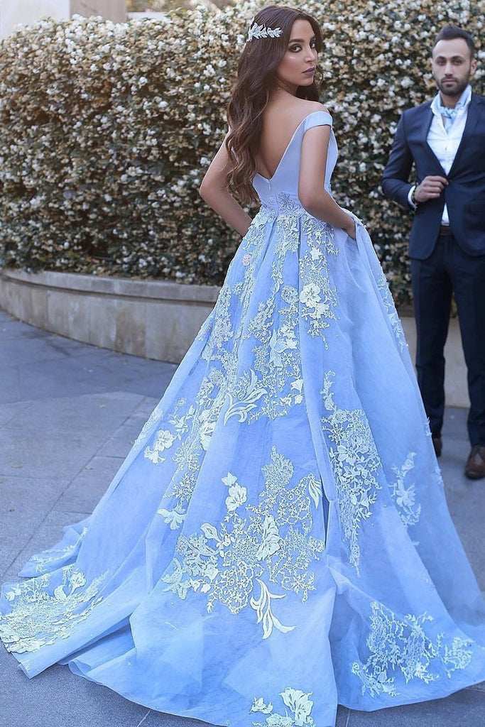 Sky Blue Long Prom Dress Off The Shoulder Ball Gown With Appliques