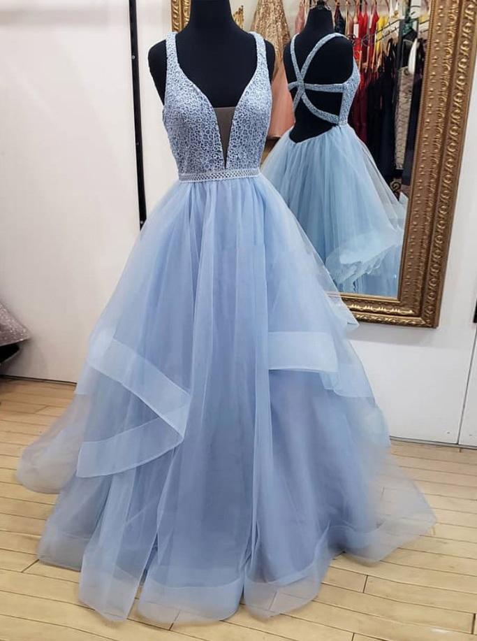 blue long prom dresses deep v-neck tulle party dresses dtp502