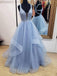 blue long prom dresses deep v-neck tulle party dresses dtp502