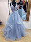 Blue Long Prom Dresses Deep V-neck Tulle Party Dresses
