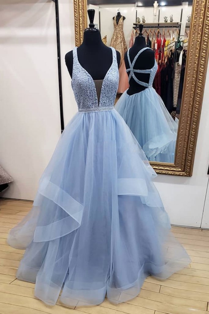 Blue Long Prom Dresses Deep V-neck Tulle Party Dresses