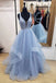 Blue Long Prom Dresses Deep V-neck Tulle Party Dresses