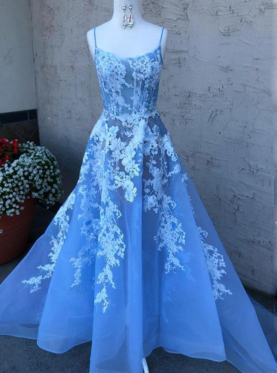 blue spaghetti-straps tulle lace long prom dress with appliques dtp462