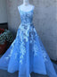 Blue Spaghetti-Straps Tulle Lace Long Prom Dress With Appliques