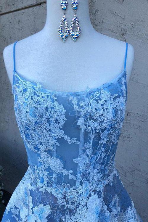 Blue Spaghetti-Straps Tulle Lace Long Prom Dress With Appliques