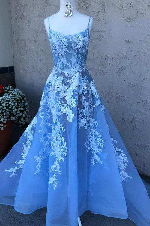 Blue Spaghetti-Straps Tulle Lace Long Prom Dress With Appliques