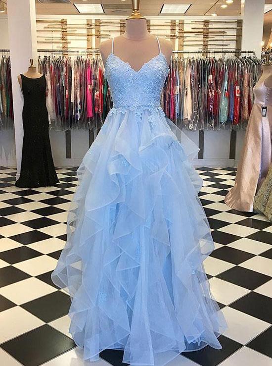 blue tulle long prom dress layered 8th graduation gown dtp509