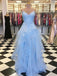 blue tulle long prom dress layered 8th graduation gown dtp509