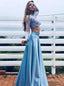 Blue Two Piece Prom Dress Lace Long Sleeves A Line Party Gown