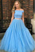 Sky Blue Two Piece Tulle Long Prom Dress, Off Shoulder Beading Formal Gown