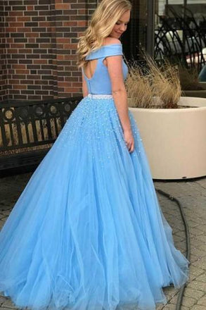 Sky Blue Two Piece Tulle Long Prom Dress, Off Shoulder Beading Formal Gown
