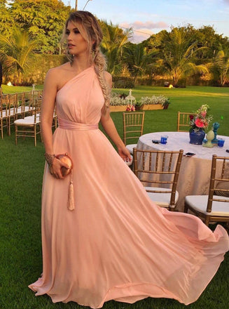 blush a-line one shoulder flowy chiffon long bridesmaid dresses dtb48