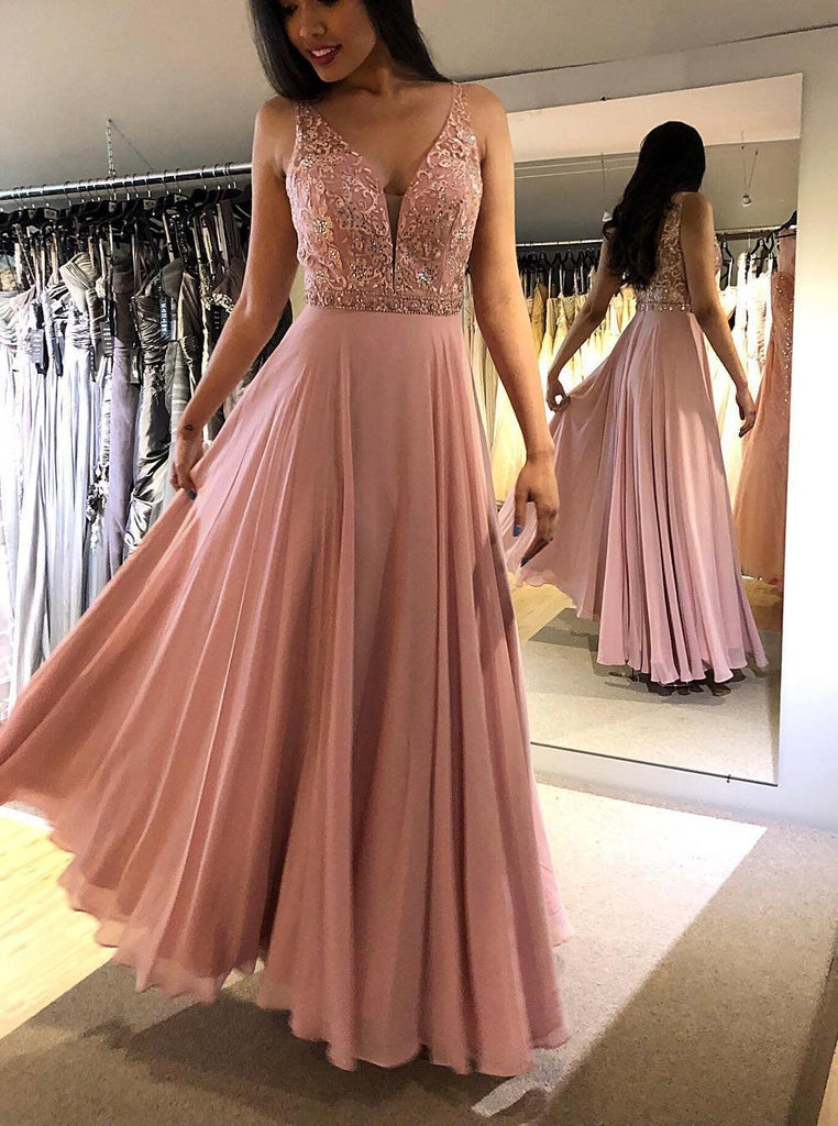A Line V Neck Prom Dress, Blush Chiffon Long Evening Dress with Beading