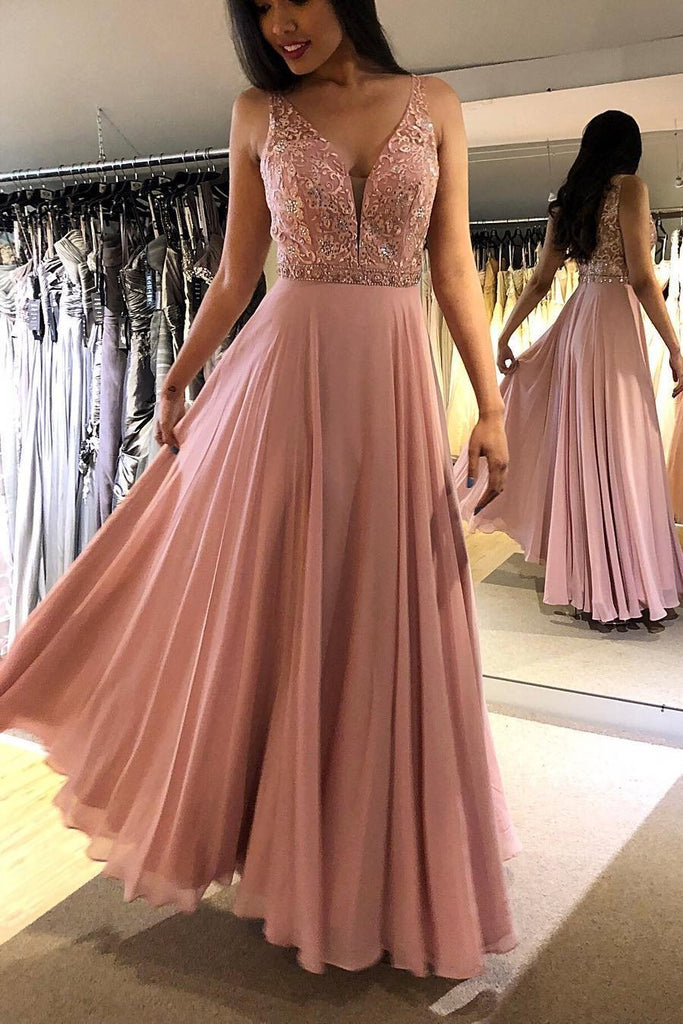 blush chiffon long evening dress with beading a-line v neck prom dress dtp612