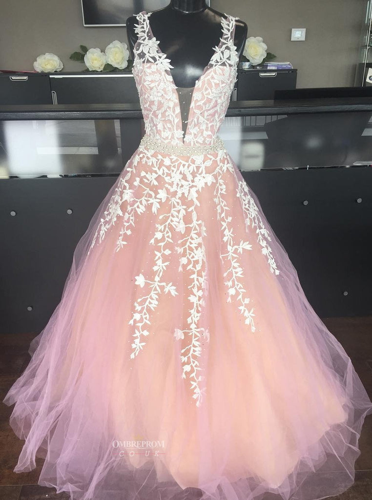 blush pink long party dress v-neck applique prom wedding dress dtp478