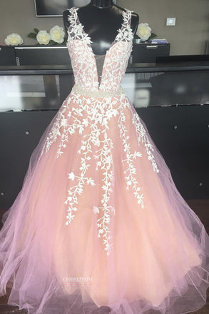 Blush Pink Long Party Dress V-neck Applique Prom Wedding Dress
