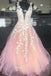 Blush Pink Long Party Dress V-neck Applique Prom Wedding Dress