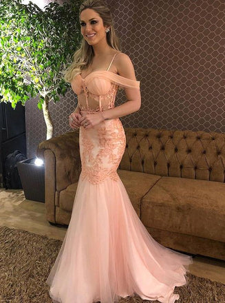spring blush mermaid spaghetti prom dress drop-sleeves party gown dtp489