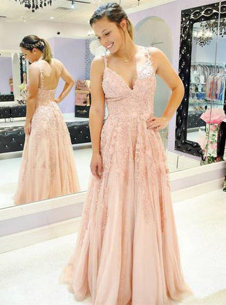 a-line blush pink prom dress spaghetti tulle appliques formal dress dtp100