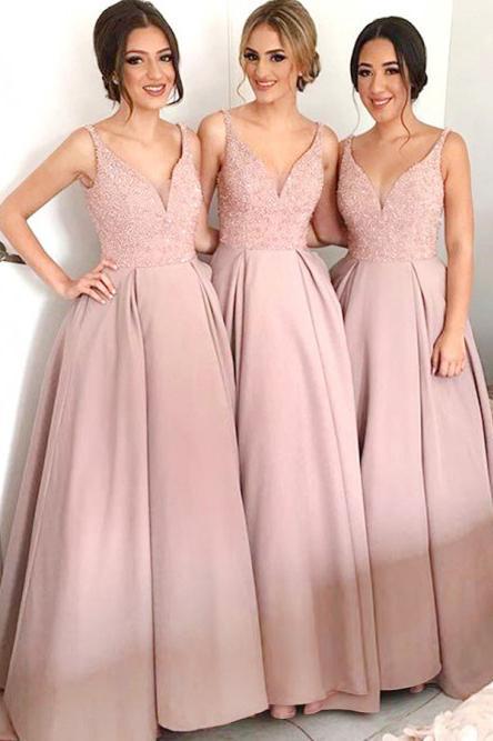 blush pink sequins bodice satin a-line v-neck bridesmaid dresses dtb51