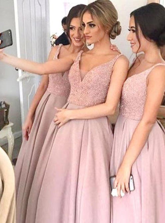 Blush Pink Sequins Bodice Satin A-Line V-Neck Bridesmaid Dresses