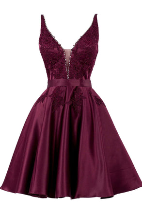 A Line Sleeveless V Neck Lace Appliques Burgundy Short Homecoming Dresses