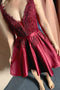 A Line Sleeveless V Neck Lace Appliques Burgundy Short Homecoming Dresses
