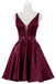 A Line Sleeveless V Neck Lace Appliques Burgundy Short Homecoming Dresses