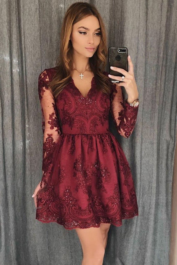 Long Sleeves Short Prom Dress Burgundy Lace Homecoming Dresses DTH467 DressTok.co.uk Long Sleeves Short Prom Dress Burgundy Lace Homecoming Dresses DTH467 DressTok.co.uk