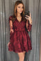 Burgundy Lace Homecoming Dresses, Long Sleeves Short Prom Dress