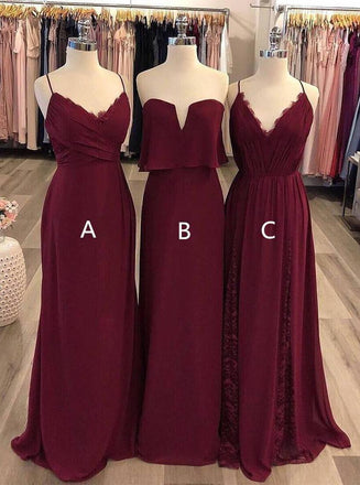 Burgundy Chiffon Styles Boho Long Bridesmaid Dresses