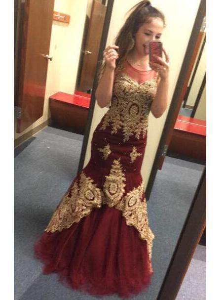 burgundy gold applique mermaid graduation party pageant dresses dtp452