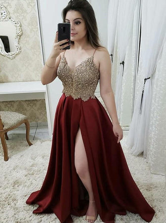 burgundy long prom dress a-line spaghetti straps slit evening dress dtp438