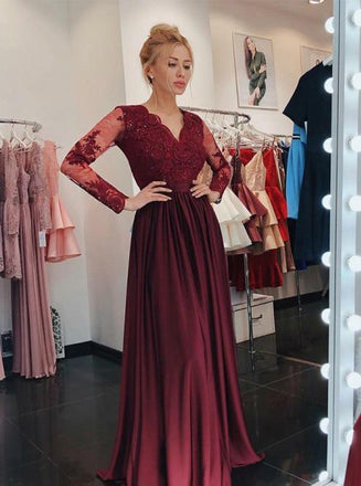 a-line v-neck lace long sleeves burgundy prom dress with appliques dtp154