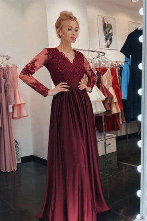 a-line v-neck lace long sleeves burgundy prom dress with appliques dtp154