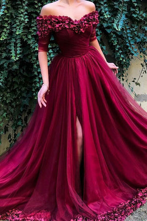 burgundy prom dress off shoulder half sleeves tulle with appliques dress dtp102