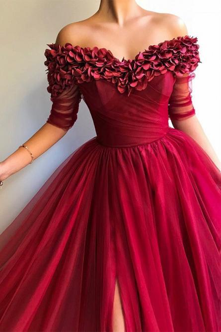 burgundy prom dress off shoulder half sleeves tulle with appliques dress dtp102