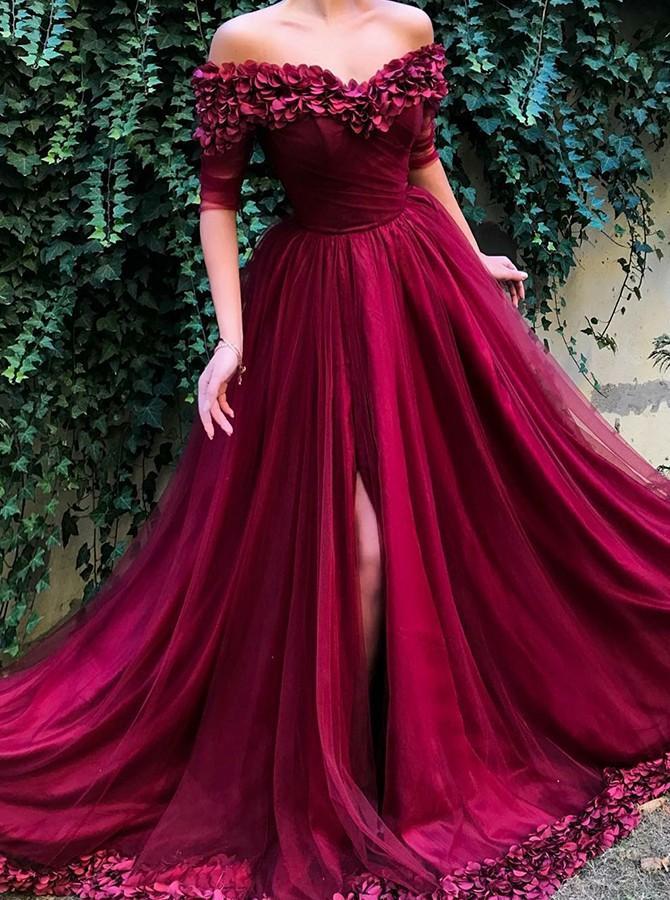 burgundy prom dress off shoulder half sleeves tulle with appliques dress dtp102