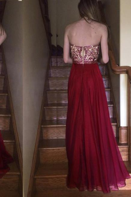 Burgundy Prom Dress Sweetheart Beaded Bodice Chiffon Long Formal Gown