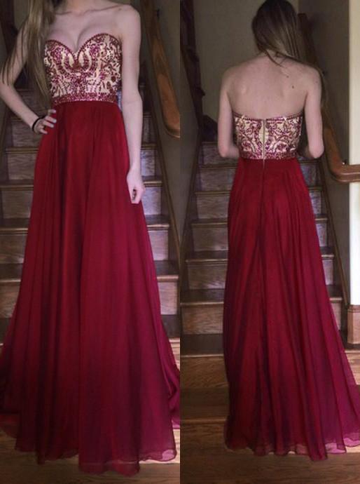 burgundy prom dress sweetheart beaded bodice chiffon long formal gown dtp471